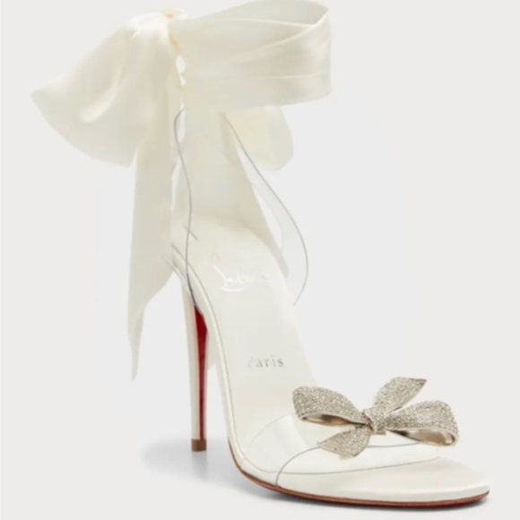 Christian Louboutin ASTRINODO Crystal Bow Silk Tie PVC Heels Sandals Shoes - Picture 5 of 16